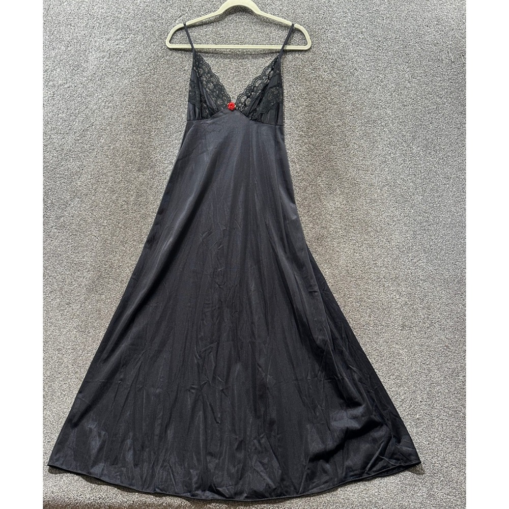 VTG Petra Fashions Black Lace Maxi Nightgown Small Rose Detail USA Made Romantic